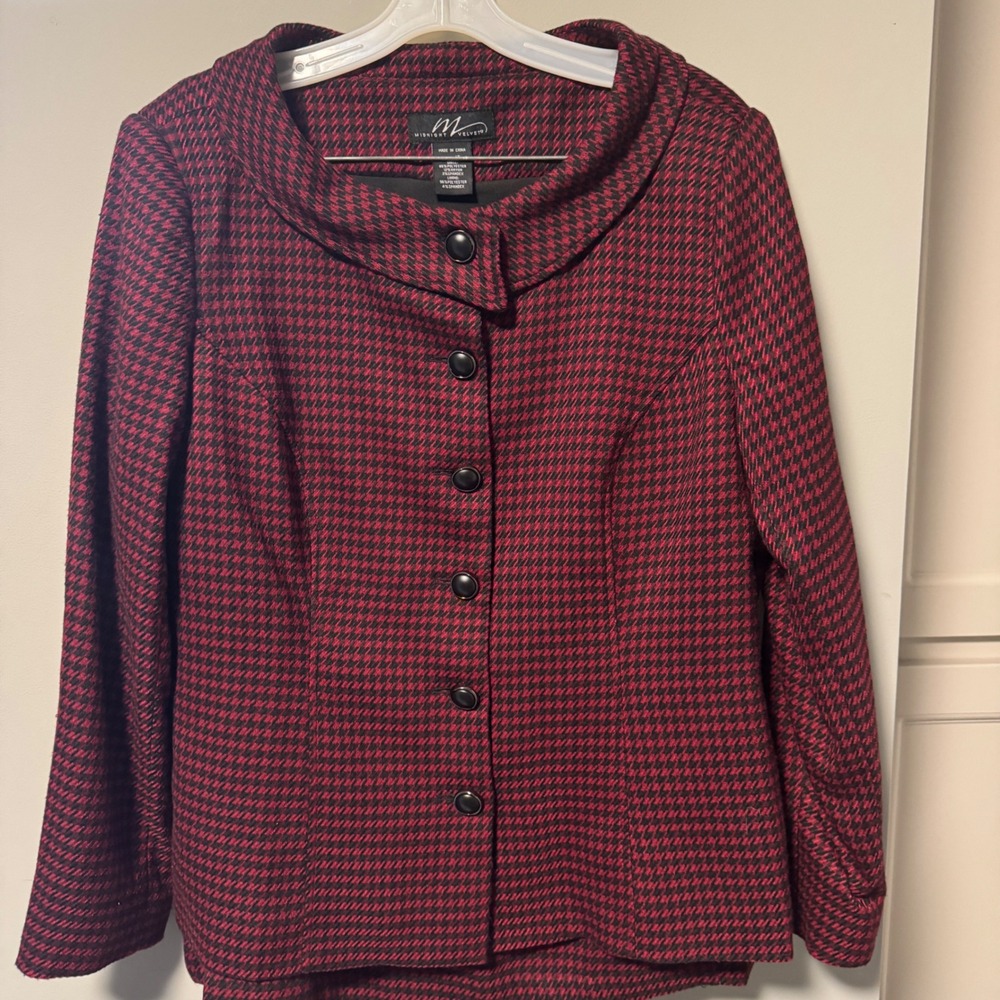 Midnight Velvet Houndstooth Vintage 2pc Suit Burgundy Black Shawl Collar Women's